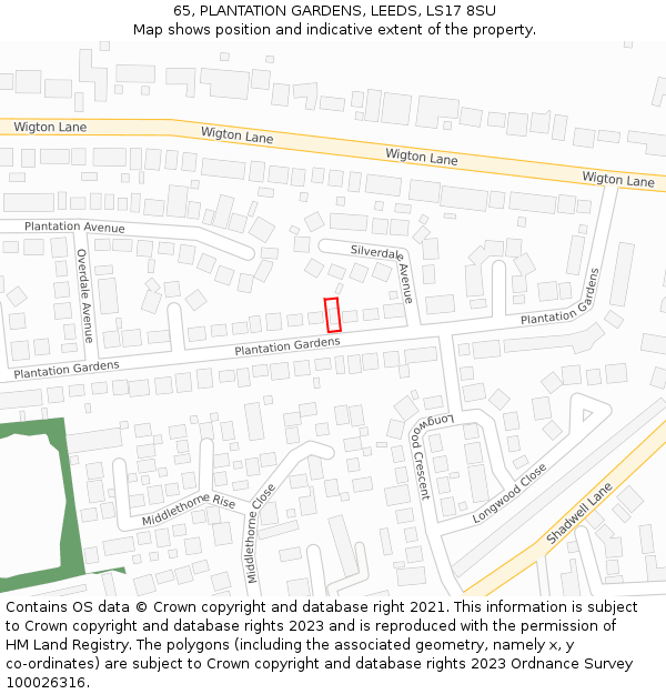 65, PLANTATION GARDENS, LEEDS, LS17 8SU: Location map and indicative extent of plot