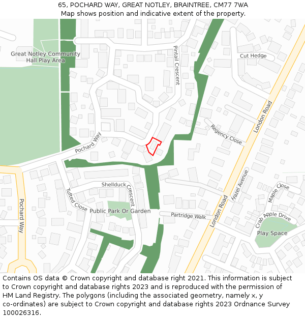 65, POCHARD WAY, GREAT NOTLEY, BRAINTREE, CM77 7WA: Location map and indicative extent of plot
