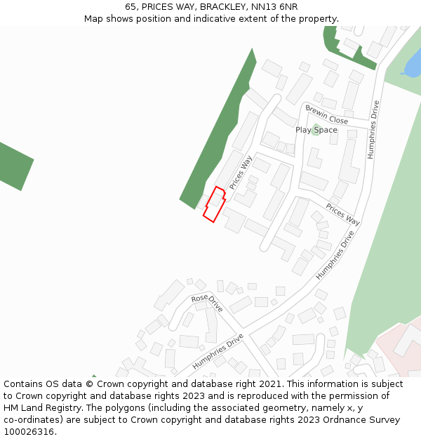 65, PRICES WAY, BRACKLEY, NN13 6NR: Location map and indicative extent of plot