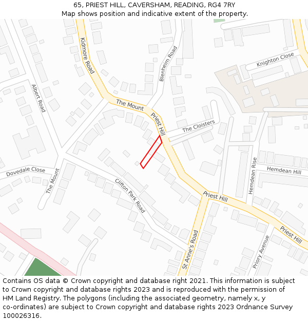 65, PRIEST HILL, CAVERSHAM, READING, RG4 7RY: Location map and indicative extent of plot