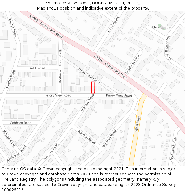 65, PRIORY VIEW ROAD, BOURNEMOUTH, BH9 3JJ: Location map and indicative extent of plot