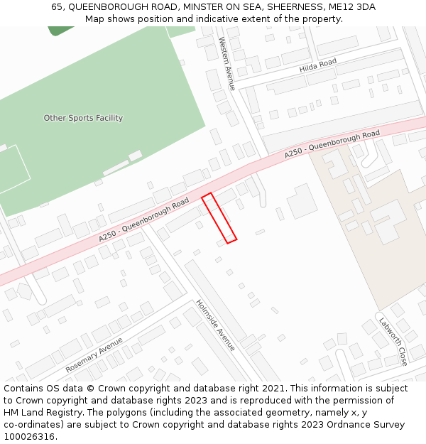 65, QUEENBOROUGH ROAD, MINSTER ON SEA, SHEERNESS, ME12 3DA: Location map and indicative extent of plot