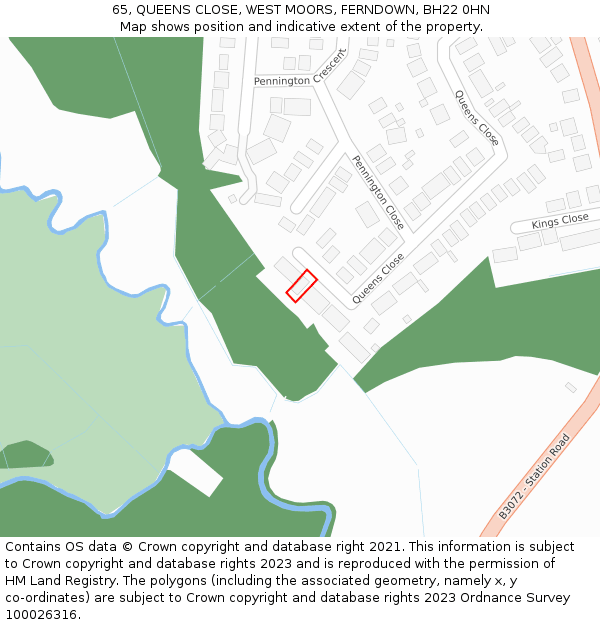 65, QUEENS CLOSE, WEST MOORS, FERNDOWN, BH22 0HN: Location map and indicative extent of plot