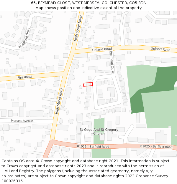 65, REYMEAD CLOSE, WEST MERSEA, COLCHESTER, CO5 8DN: Location map and indicative extent of plot