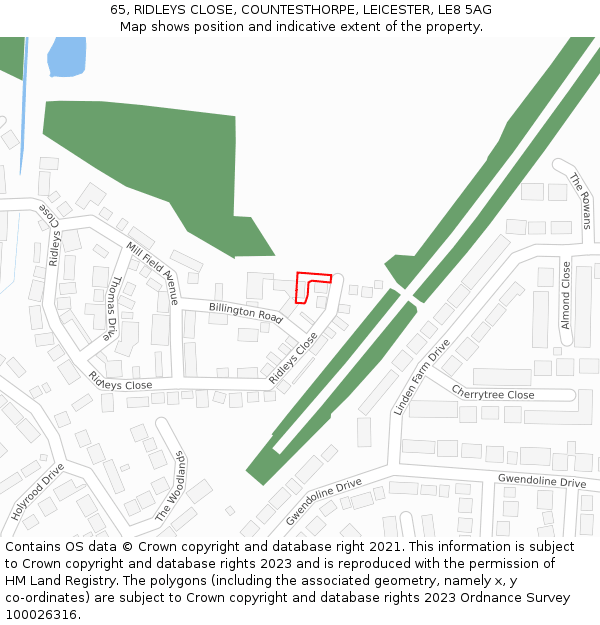 65, RIDLEYS CLOSE, COUNTESTHORPE, LEICESTER, LE8 5AG: Location map and indicative extent of plot