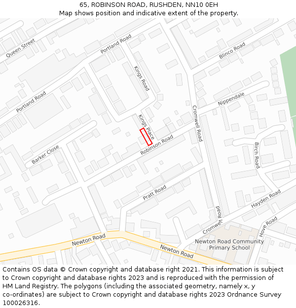 65, ROBINSON ROAD, RUSHDEN, NN10 0EH: Location map and indicative extent of plot