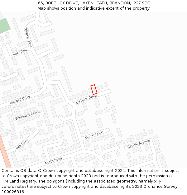 65, ROEBUCK DRIVE, LAKENHEATH, BRANDON, IP27 9DF: Location map and indicative extent of plot