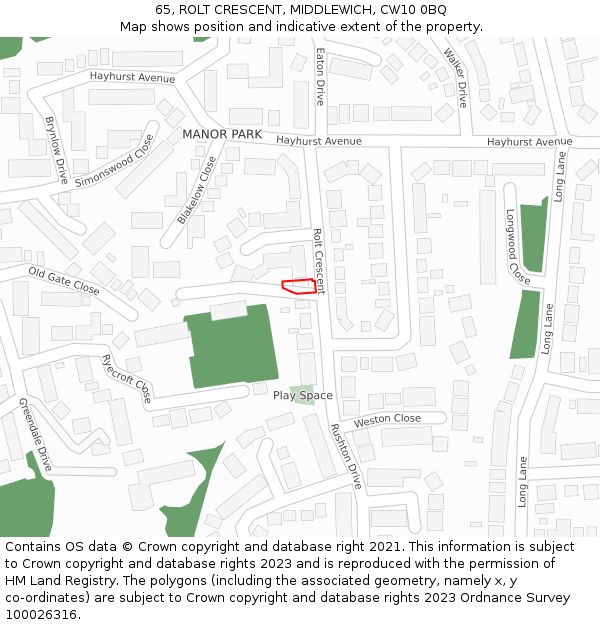 65, ROLT CRESCENT, MIDDLEWICH, CW10 0BQ: Location map and indicative extent of plot