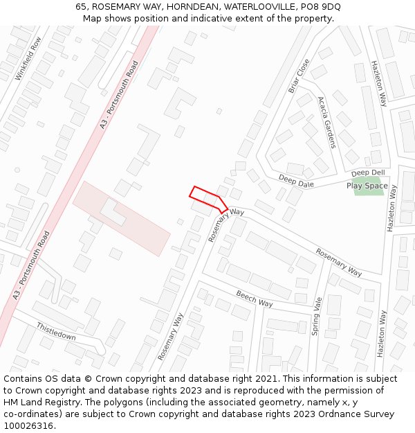 65, ROSEMARY WAY, HORNDEAN, WATERLOOVILLE, PO8 9DQ: Location map and indicative extent of plot