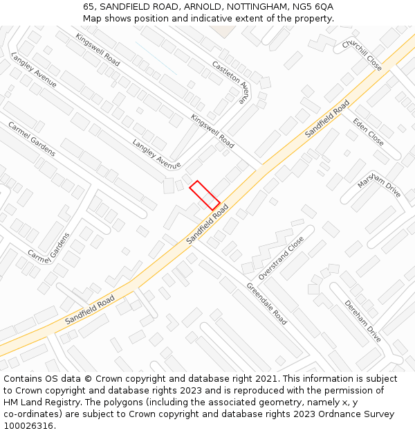 65, SANDFIELD ROAD, ARNOLD, NOTTINGHAM, NG5 6QA: Location map and indicative extent of plot