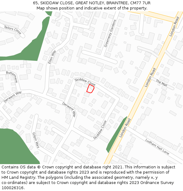 65, SKIDDAW CLOSE, GREAT NOTLEY, BRAINTREE, CM77 7UR: Location map and indicative extent of plot