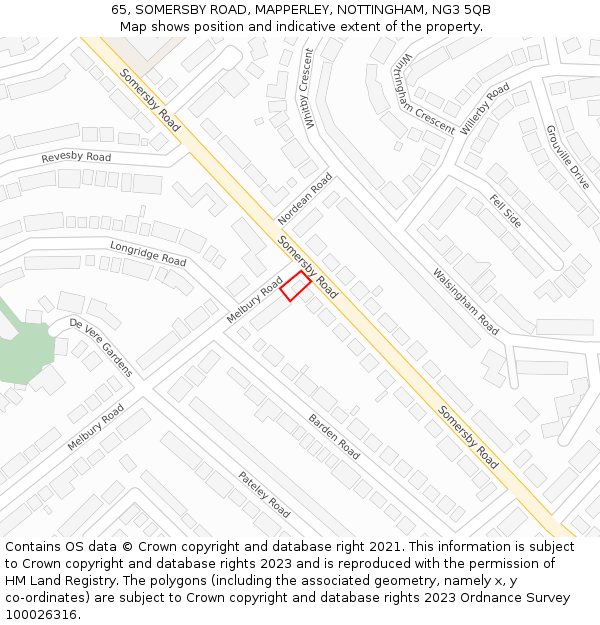 65, SOMERSBY ROAD, MAPPERLEY, NOTTINGHAM, NG3 5QB: Location map and indicative extent of plot