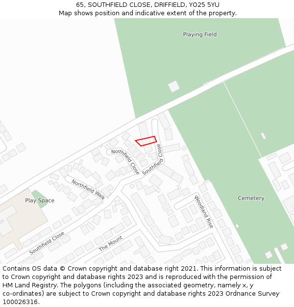65, SOUTHFIELD CLOSE, DRIFFIELD, YO25 5YU: Location map and indicative extent of plot