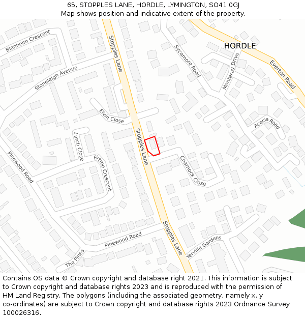 65, STOPPLES LANE, HORDLE, LYMINGTON, SO41 0GJ: Location map and indicative extent of plot