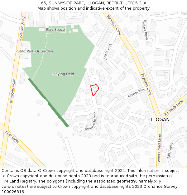 65, SUNNYSIDE PARC, ILLOGAN, REDRUTH, TR15 3LX: Location map and indicative extent of plot