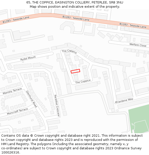 65, THE COPPICE, EASINGTON COLLIERY, PETERLEE, SR8 3NU: Location map and indicative extent of plot