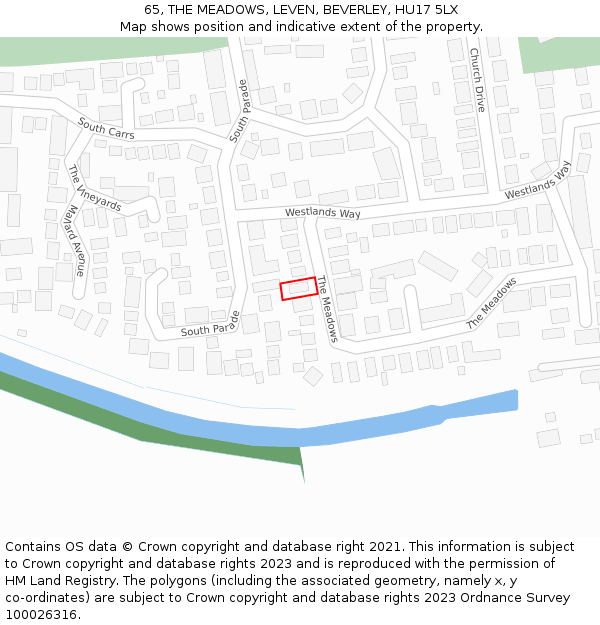 65, THE MEADOWS, LEVEN, BEVERLEY, HU17 5LX: Location map and indicative extent of plot