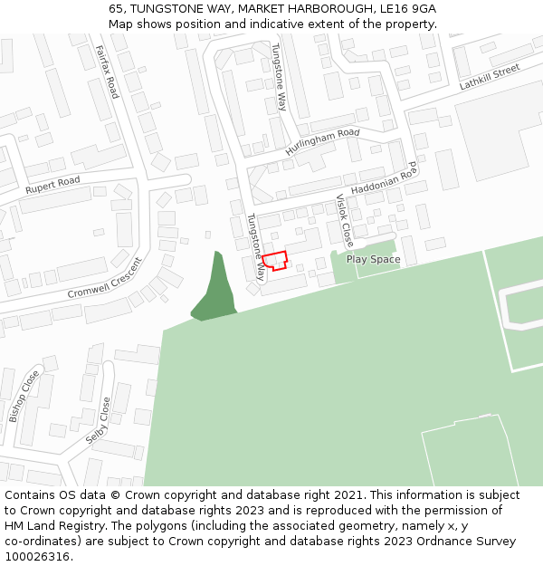 65, TUNGSTONE WAY, MARKET HARBOROUGH, LE16 9GA: Location map and indicative extent of plot