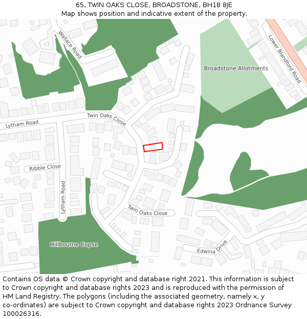 65, TWIN OAKS CLOSE, BROADSTONE, BH18 8JE: Location map and indicative extent of plot