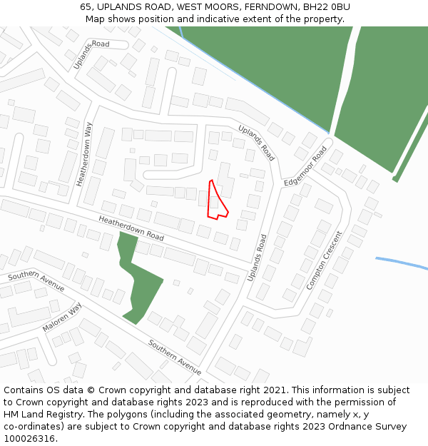 65, UPLANDS ROAD, WEST MOORS, FERNDOWN, BH22 0BU: Location map and indicative extent of plot