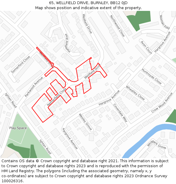 65, WELLFIELD DRIVE, BURNLEY, BB12 0JD: Location map and indicative extent of plot