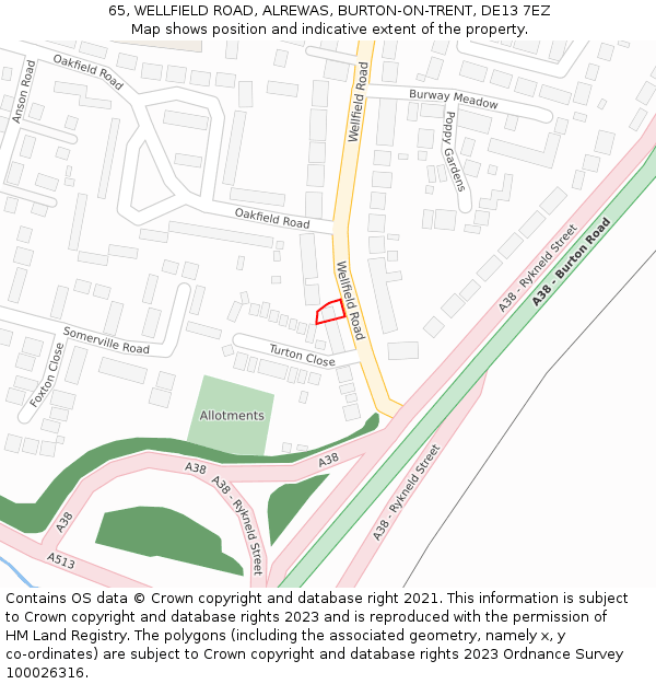 65, WELLFIELD ROAD, ALREWAS, BURTON-ON-TRENT, DE13 7EZ: Location map and indicative extent of plot