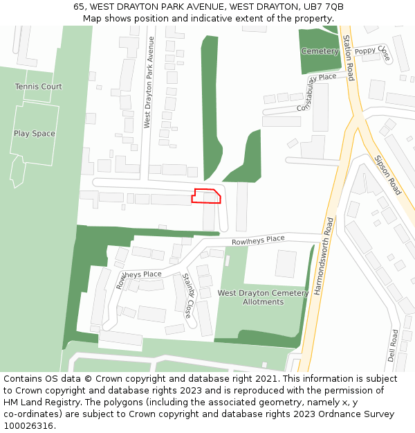 65, WEST DRAYTON PARK AVENUE, WEST DRAYTON, UB7 7QB: Location map and indicative extent of plot