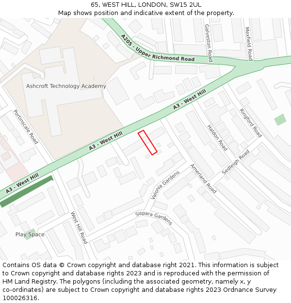 65, WEST HILL, LONDON, SW15 2UL: Location map and indicative extent of plot