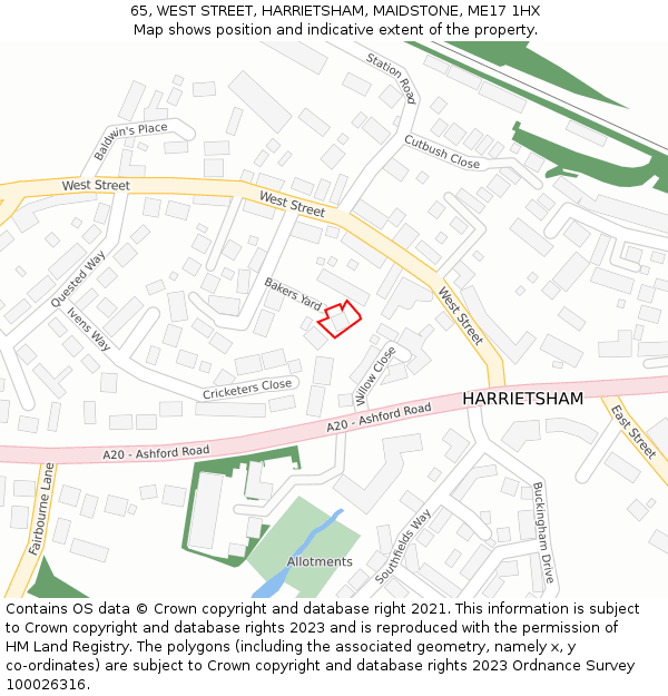 65, WEST STREET, HARRIETSHAM, MAIDSTONE, ME17 1HX: Location map and indicative extent of plot