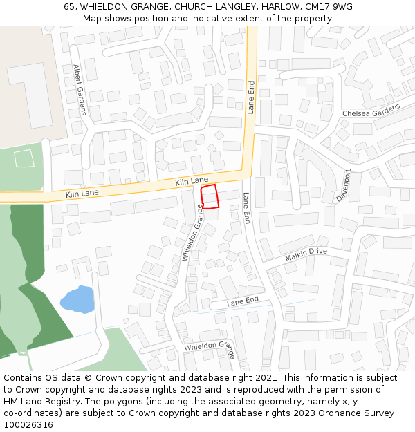 65, WHIELDON GRANGE, CHURCH LANGLEY, HARLOW, CM17 9WG: Location map and indicative extent of plot