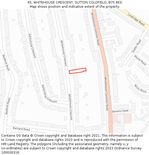 65, WHITEHOUSE CRESCENT, SUTTON COLDFIELD, B75 6ES: Location map and indicative extent of plot