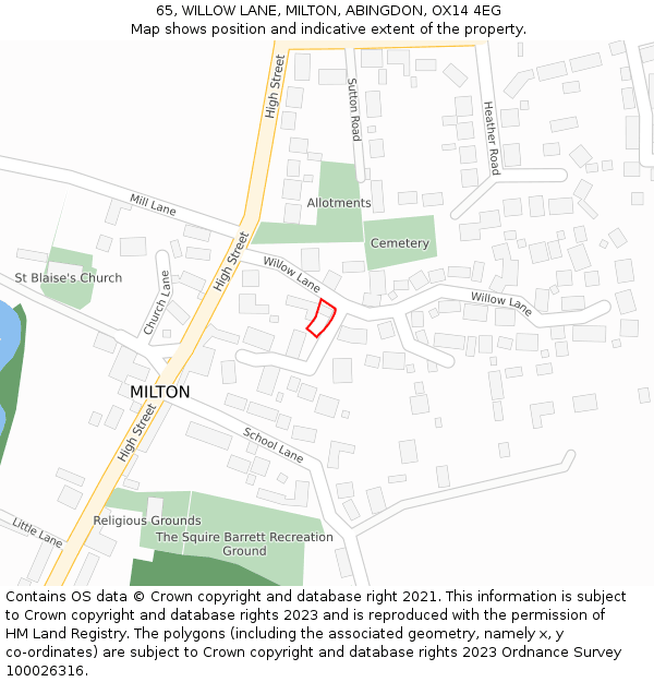 65, WILLOW LANE, MILTON, ABINGDON, OX14 4EG: Location map and indicative extent of plot