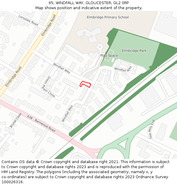 65, WINDFALL WAY, GLOUCESTER, GL2 0RP: Location map and indicative extent of plot