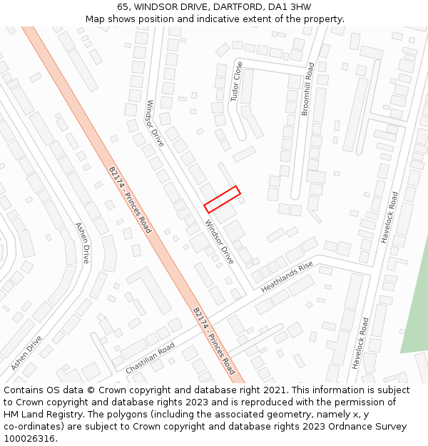 65, WINDSOR DRIVE, DARTFORD, DA1 3HW: Location map and indicative extent of plot