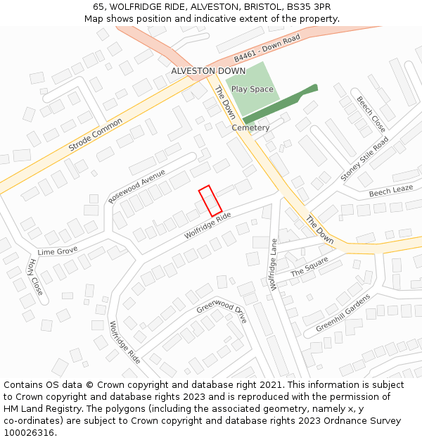 65, WOLFRIDGE RIDE, ALVESTON, BRISTOL, BS35 3PR: Location map and indicative extent of plot