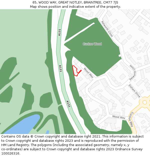 65, WOOD WAY, GREAT NOTLEY, BRAINTREE, CM77 7JS: Location map and indicative extent of plot
