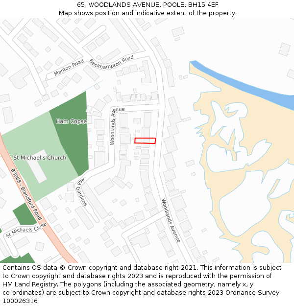 65, WOODLANDS AVENUE, POOLE, BH15 4EF: Location map and indicative extent of plot