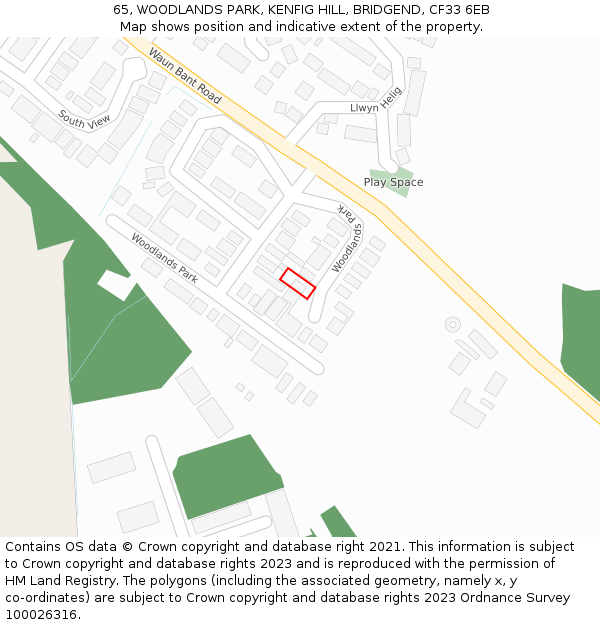 65, WOODLANDS PARK, KENFIG HILL, BRIDGEND, CF33 6EB: Location map and indicative extent of plot