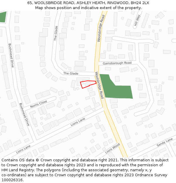 65, WOOLSBRIDGE ROAD, ASHLEY HEATH, RINGWOOD, BH24 2LX: Location map and indicative extent of plot