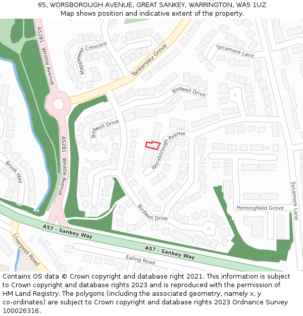 65, WORSBOROUGH AVENUE, GREAT SANKEY, WARRINGTON, WA5 1UZ: Location map and indicative extent of plot