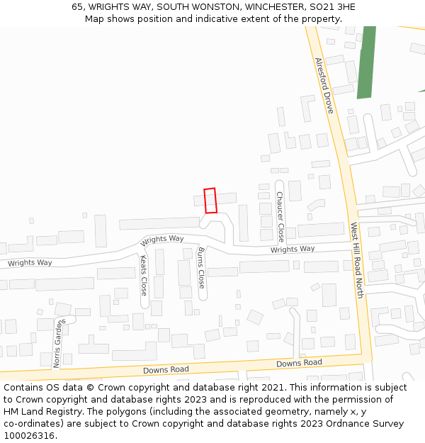 65, WRIGHTS WAY, SOUTH WONSTON, WINCHESTER, SO21 3HE: Location map and indicative extent of plot