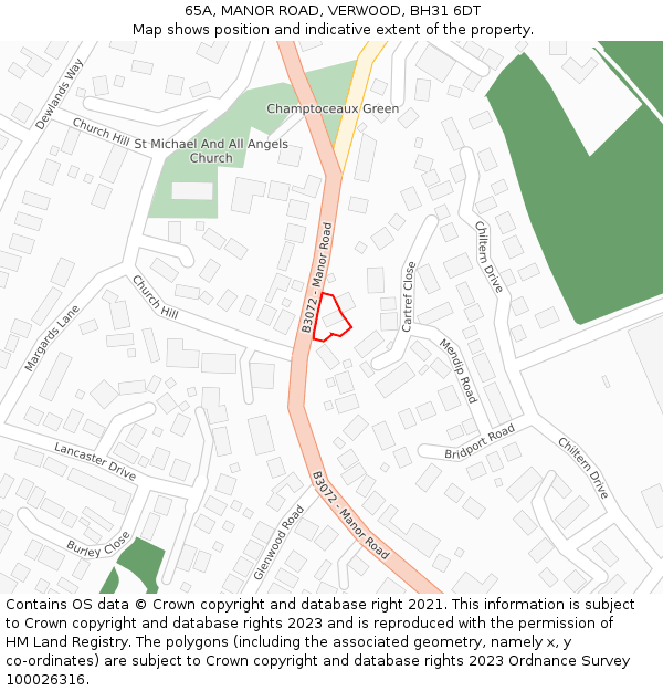 65A, MANOR ROAD, VERWOOD, BH31 6DT: Location map and indicative extent of plot