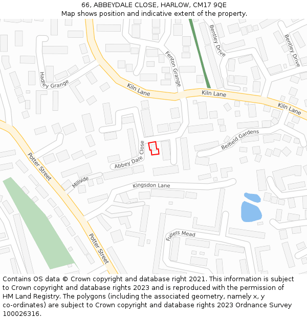 66, ABBEYDALE CLOSE, HARLOW, CM17 9QE: Location map and indicative extent of plot