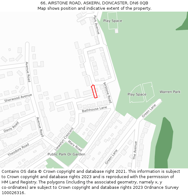 66, AIRSTONE ROAD, ASKERN, DONCASTER, DN6 0QB: Location map and indicative extent of plot