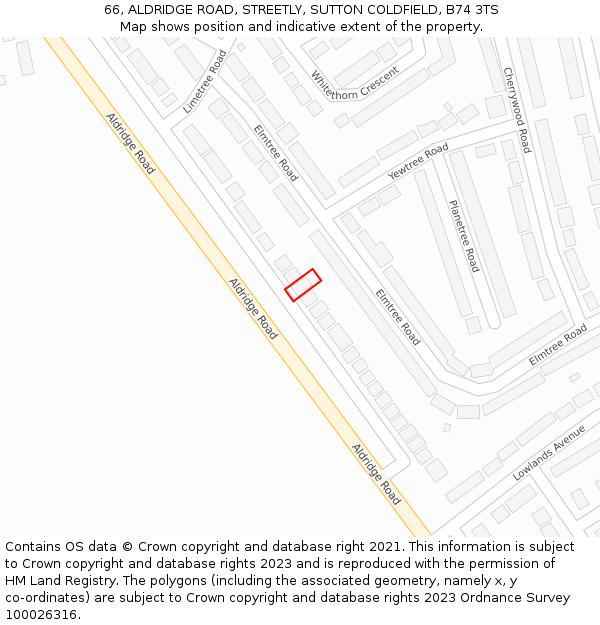 66, ALDRIDGE ROAD, STREETLY, SUTTON COLDFIELD, B74 3TS: Location map and indicative extent of plot