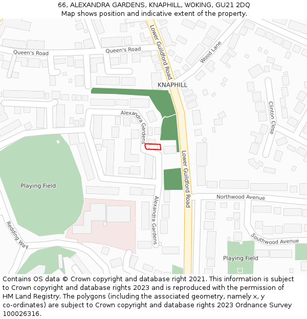 66, ALEXANDRA GARDENS, KNAPHILL, WOKING, GU21 2DQ: Location map and indicative extent of plot