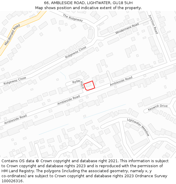 66, AMBLESIDE ROAD, LIGHTWATER, GU18 5UH: Location map and indicative extent of plot