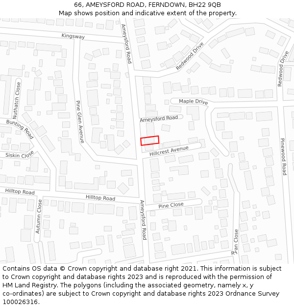 66, AMEYSFORD ROAD, FERNDOWN, BH22 9QB: Location map and indicative extent of plot