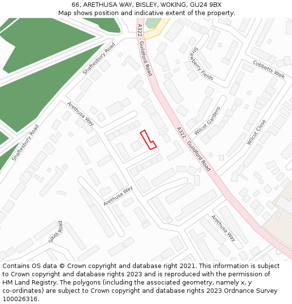 66, ARETHUSA WAY, BISLEY, WOKING, GU24 9BX: Location map and indicative extent of plot