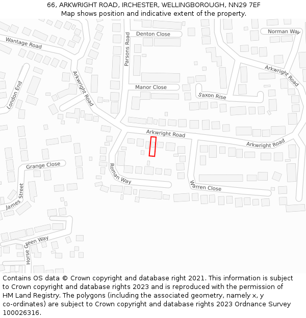 66, ARKWRIGHT ROAD, IRCHESTER, WELLINGBOROUGH, NN29 7EF: Location map and indicative extent of plot